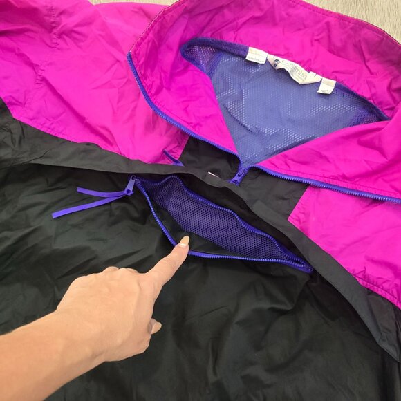 Vintage 90s Columbia Mens XL Retro Windbreaker Jacket Purple Black front pocket - Picture 3 of 8